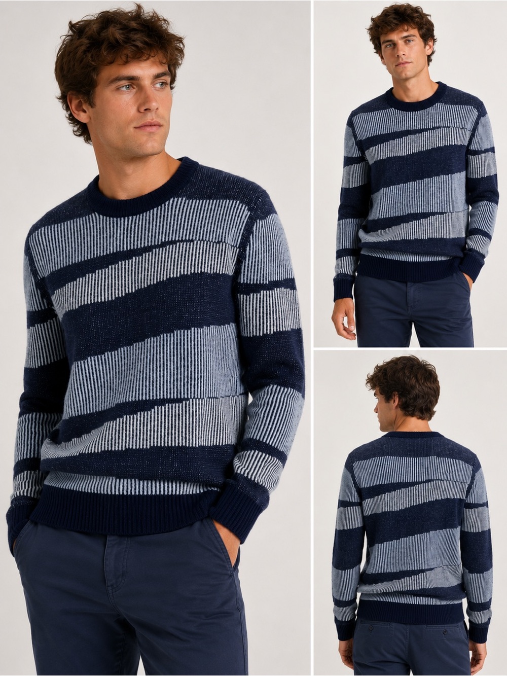 NAADAM 100% Cashmere Abstract Stripe Crewneck Sweater Navy Blue Small